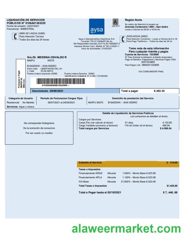 Argentina water utility bill template Aysa in Word and PDF format (.doc and .pdf)